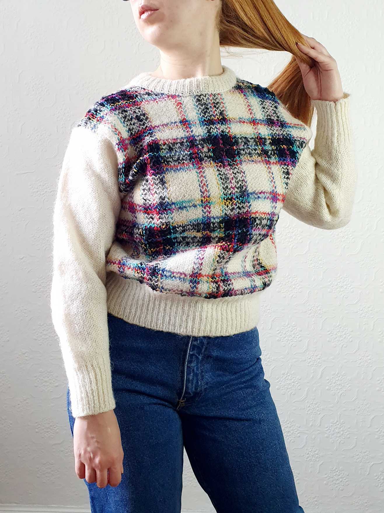 Vintage Wool & Mohair Cream Checked Jumper - S - Image 6