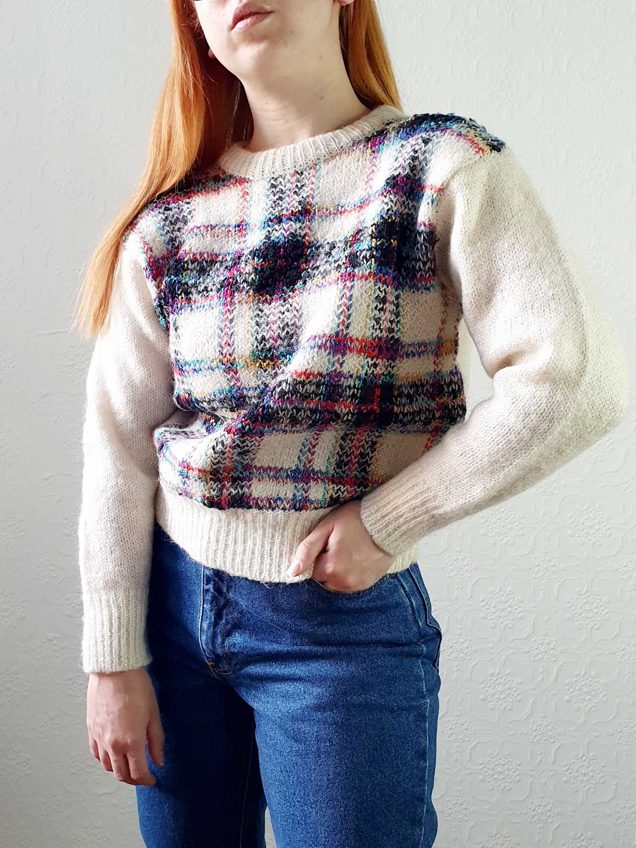 Vintage Wool & Mohair Cream Checked Jumper - S - Image 8