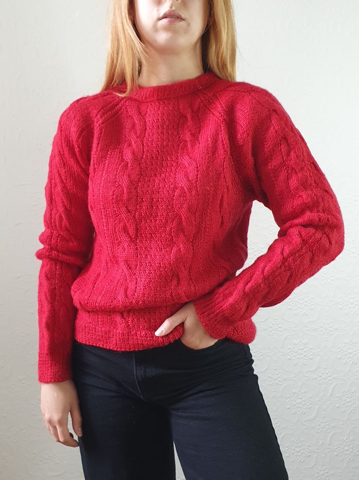 Vintage Wool Red Cable Knit Aran Style Jumper - S/M
