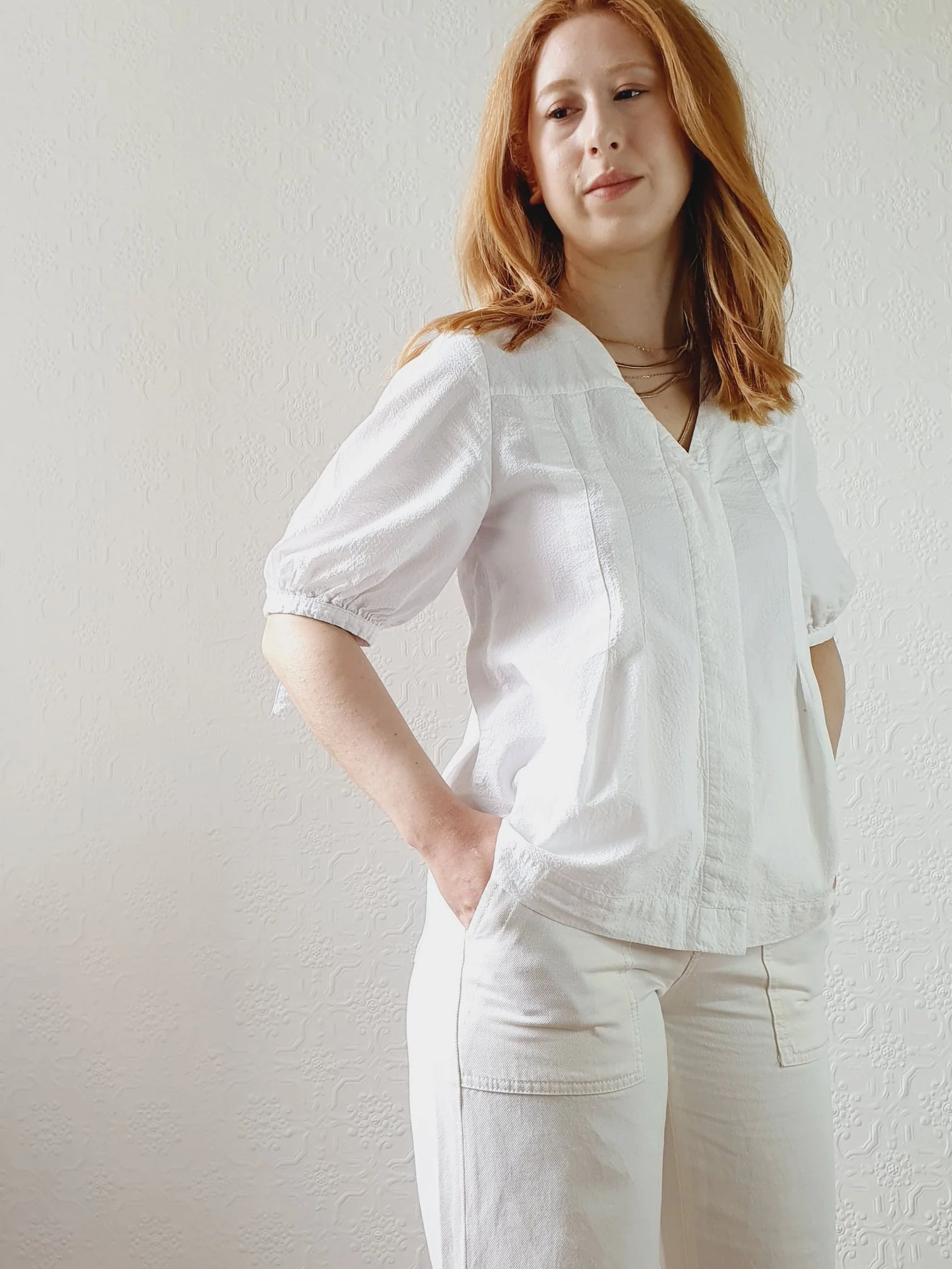 White Puff Sleeve Cotton Blouse - S - Image 3