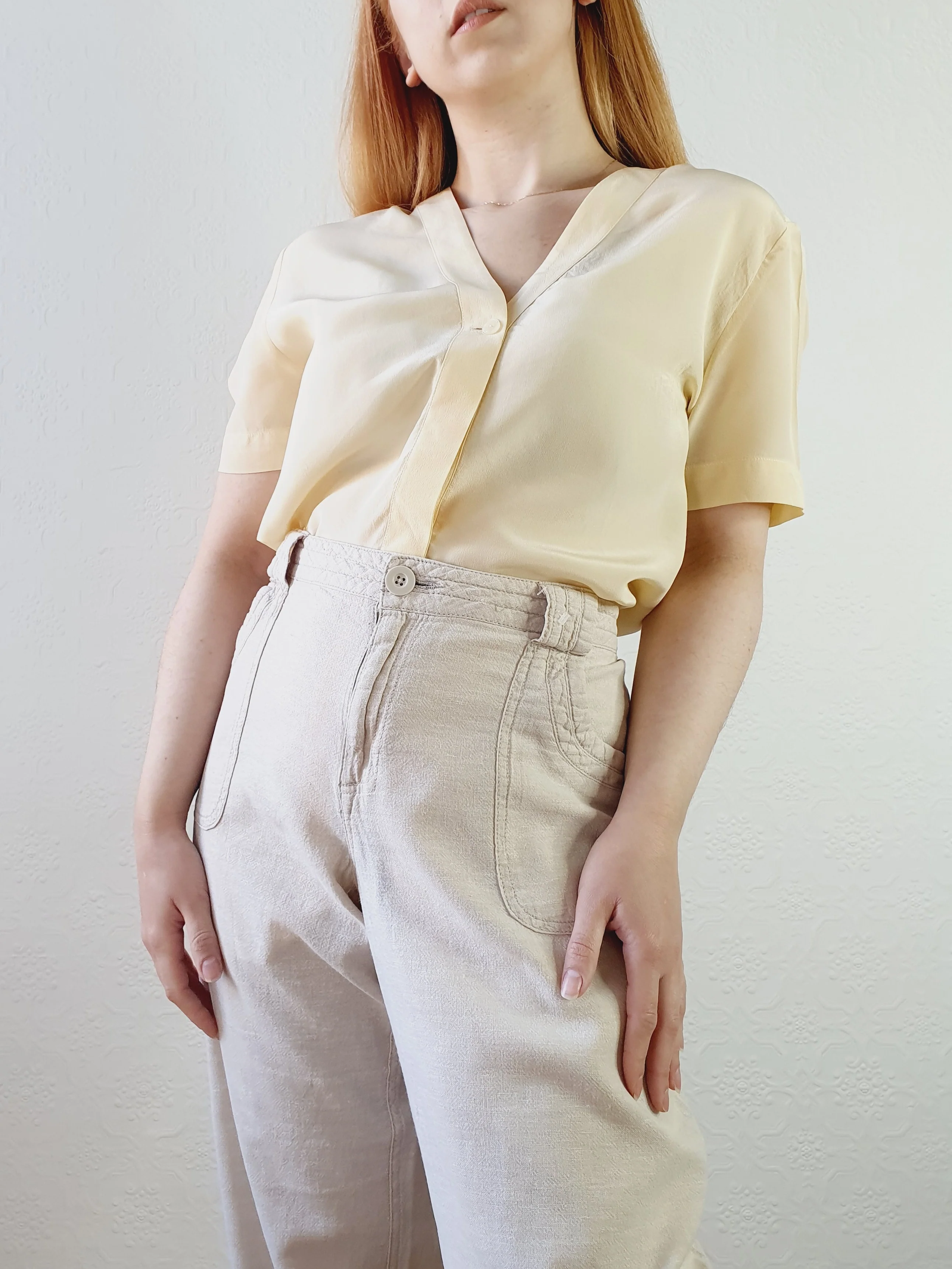 Yellow Silk V-Neck Blouse - M