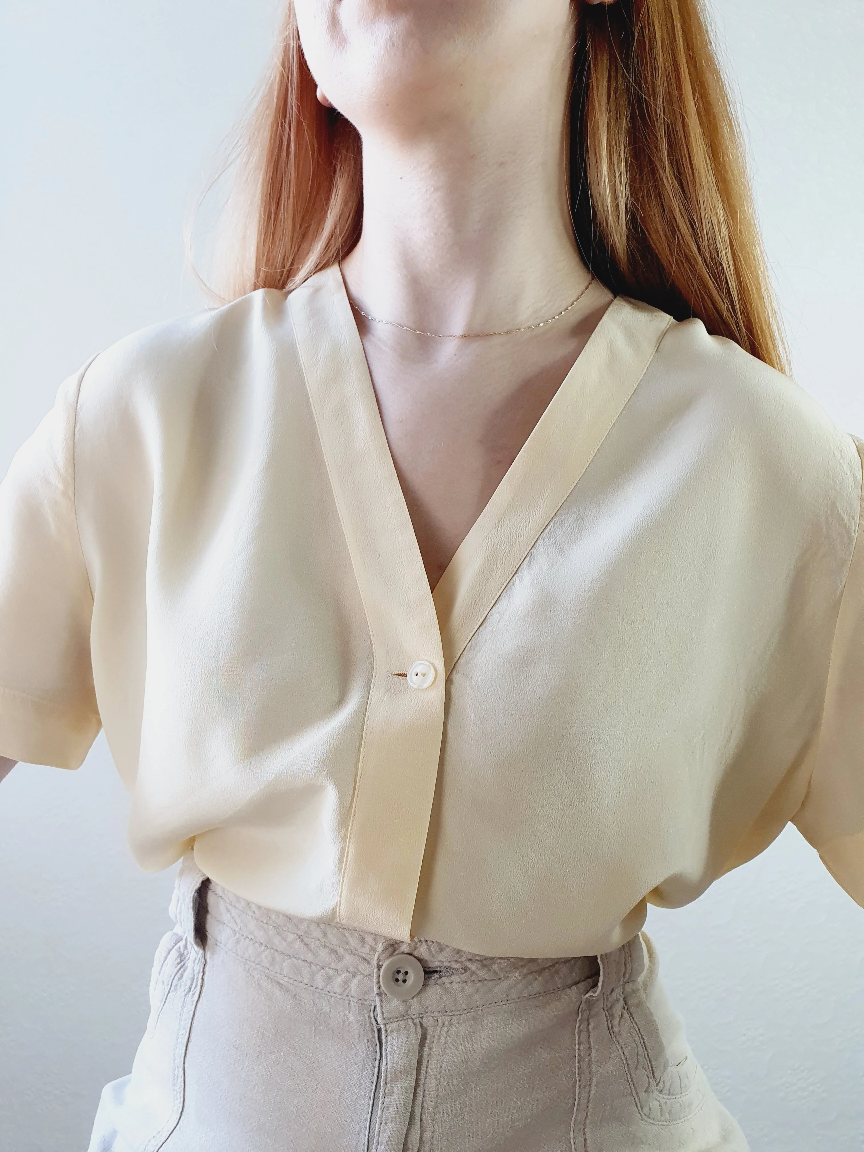 Yellow Silk V-Neck Blouse - M - Image 2