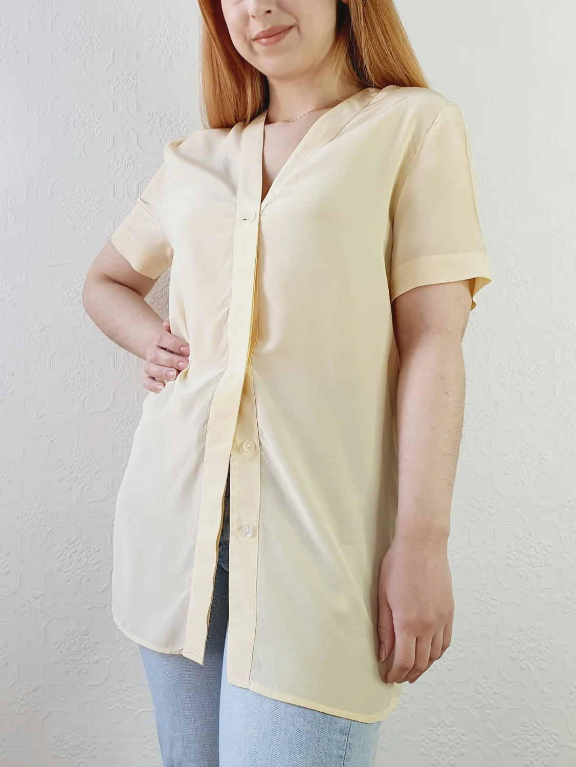 Yellow Silk V-Neck Blouse - M - Image 3